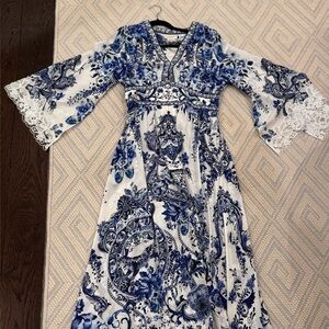 Elegant Blue and White Floral Dress